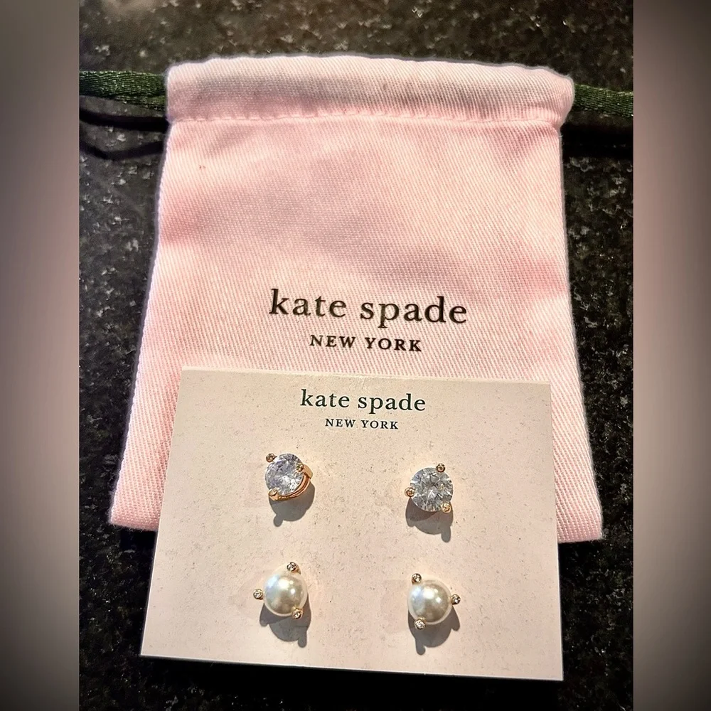 Kate Spade New York Stud Earring Set – Crystal & Pearl Duos, NWT with Dust Bag